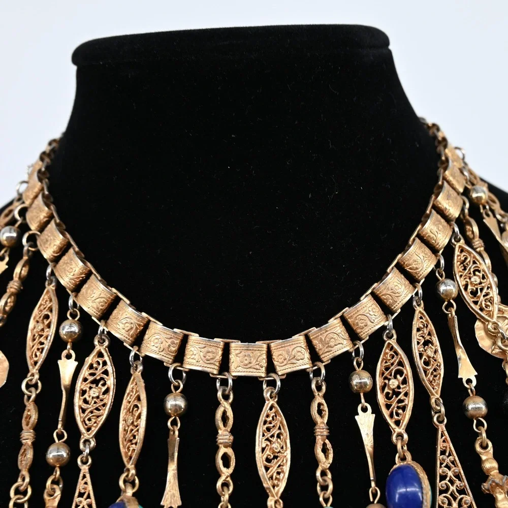 Vintage Gold Tone Victorian Revival Fringe Charm Necklace Lapis Coral Turquoise